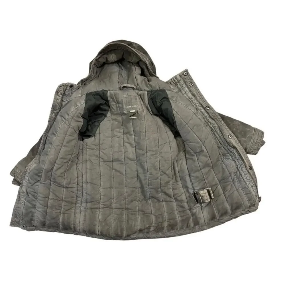 DIESEL Boys Utility Hooded Convertible Jacket Coat Gray Distressed Layered Moto
